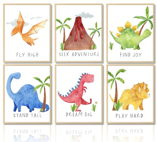 Dazzlewall Aquarell Dinosaurier Kunstdrucke Poster Motivationszitate Wandbilder für Kinderzimmer Kinderzimmer Dekor 20X25 cm Ohne Rahmen 6er Set