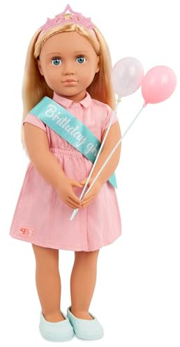 Our Generation – 46 cm große Geburtstagspuppe & Zubehör – Lebensechte Blaue Augen & dunkelblondes Haar – Partykleid, Schärpe & Luftballons – Rollenspiel – Spielzeug für Kinder ab 3 Jahren – Brenna