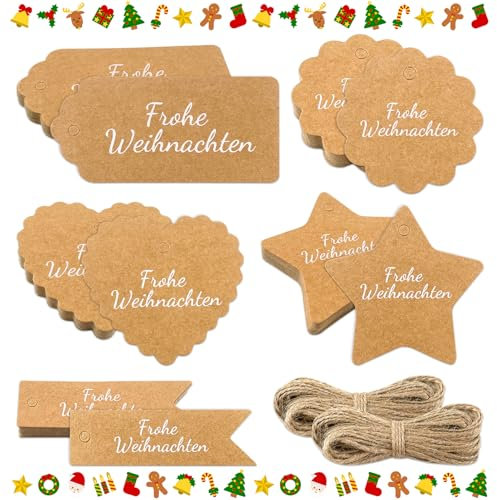 Lets Joy Geschenkanhänger Weihnachten, 100stk Weihnachtsgeschenkanhänger, Frohe Weihnachten Kraftpapier Etiketten, Weihnachten Etiketten Anhänger mit 20m Hanfseil, Tags Verpackung Geschenkdeko