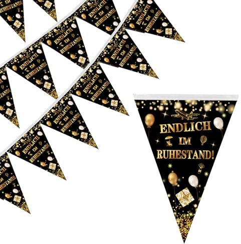 2Pcs Rente Girlande Ruhestand Deko Rente Deko Girlande Renteneintritt Geschenk Männer Frauen Endlich im Ruhestand Girlande Banner Rentner Schwarz Gold Flagge Abschied Rente Girlande Pension Ruhestand