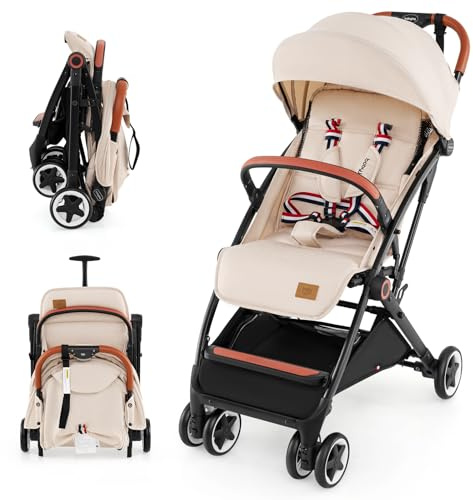 GOPLUS Poussette Canne avec Dossier et Repose-pieds Réglables (Beige) | Poussette Bebe Légère et Compacte avec Capote Rétractable, Pliage Rapide, Charge 15 KG, pour 6-36 Mois