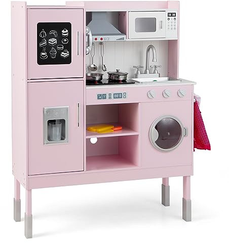 HOMASIS Cocina de Juguete con Altura Ajustable, Cocina Infantil con Campana extractora, microondas y teléfono, Sonidos y Luces, Cocina de Juego de Madera para niños de 3+ años, Rosa (83x29x103cm)