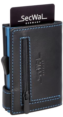 SecWal Kartenetui mit Münzfach Reißverschluss - Made in Germany - Echtleder Geldbörse inkl. E-Book für Damen und Herren Blauer Container - RFID Schutz Portemonnaie Leder (Schwarz-Blau)
