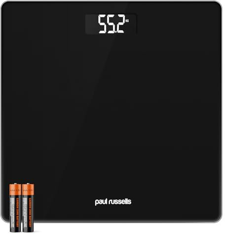 Paul Russells Digital Bathroom Scales for Body Weight, Glass Weighing Scale, High Precision Sensors Accurate Weight Machine, Batteries Included, 150kg/24st/330lb, Black