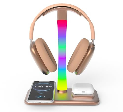 Kopfhörerhalterung mit kabellosem Ladegerät, Halterung für Gaming-Kopfhörer mit RGB-Licht, Halterung für Airpod Max kompatibel mit Airpod Pro/3/2, iPhone 16/15/14/13/12/11, Geschenke für Spieler