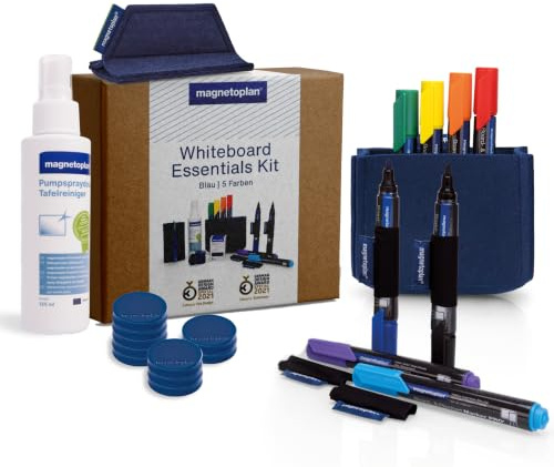 magnetoplan Whiteboard Essentials Kit, Blau | Praktisches Komplett Set | Ideal für agiles Arbeiten mit Whiteboard + Flipchart | Inkl. Markern, magnetischen Stiftehaltern, Tafellöscher, Reiniger etc.