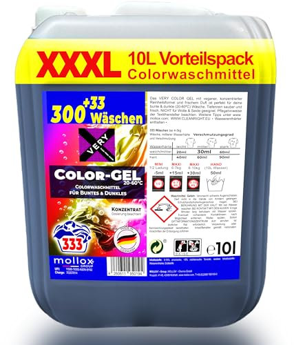 VERY Color Gel, dickflüssiges Waschmittel im 10l Vorratspack (333 Waschladungen), tiefenreine Sauberkeit dank konzentrierte Reinheitsformel, angenehmer aber unaufdringlicher Frischeduft, 20°C - 60°C