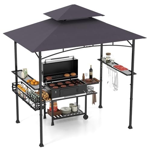 GOPLUS Cenador de Barbacoa Exterior 242x153x250cm, Carpa de Doble Techo con 2 Estantes Laterales, 20 Ganchos, Abridor de Botellas y Cesta, Pergola Barbacoa para Jardin Patio (Gris Oscuro)