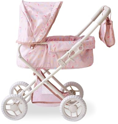 Teamson Kids 2-in-1 Classic Doll Stroller in Pink with Removable Bassinet, Adjustable Canopy, Storage Basket & Bag, Builds Empathy & Imaginative Play