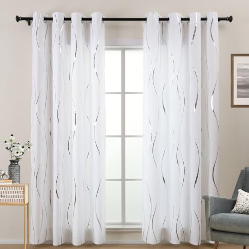 L.Z.E Gardinen Sichtschutz Silber, Ösenvorhang Gardine Schal Lichtdurchlässig, Weiß Silber Vorhänge für Wohnzimmer Schlafzimmer Fenster 2er Set Gardine mit Ösen 245 cm Lang (LZE2251E-WS245)