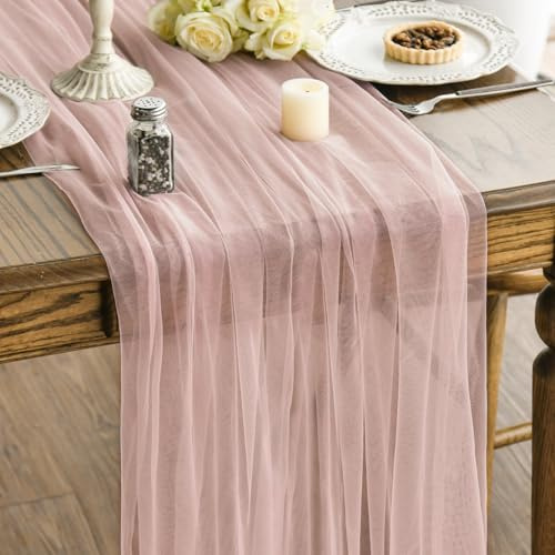 Artoid Mode Tischband Gaze Dusty Rose Tüll Frühling Tischläufer 150x300 cm, Valentinstag Hochzeit Tisch Dekoration Urlaub Party Geburtstag Dekor