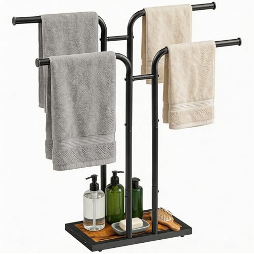 HOOBRO Free Standing Towel Rail, 4 Hanging Rods and 2 Tier Towel Storage Shelf, Towel Stand for Bathroom, Laundry Room, Bedroom, Black and Rustic Brown EBF14LB01