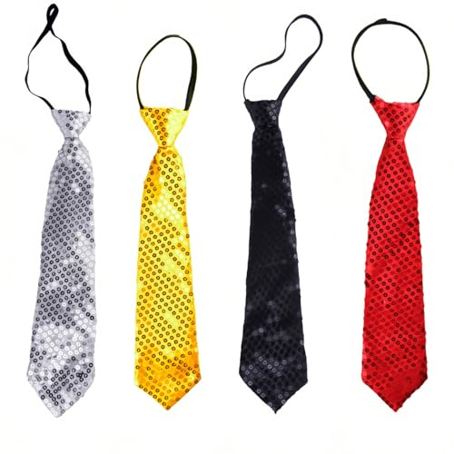 4 Pieces Glitter Sequin Tie for Men, Adjustable Sparkly Neck Tie, Men's Women Elastic Neck for Adults Cocktail Hen Wedding Party Costume Fancy Dress Stage Dance Show