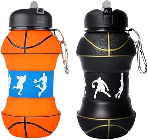 Dropish Lot de 2 Gourdes Pliables Enfant 500 ml – Design Basket Orange et Noire, Silicone Sans BPA, Anti-Fuite avec Mousqueton – Gourde École et Sport