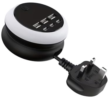 Tsophreniq USB Power Hub with 6 Ports and Retractable 3 Prong Plug Cord, Round Extension Socket with LED Night Light for Desk Travel