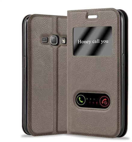 cadorabo Coque pour Samsung Galaxy J1 2016 en Marron Pierre - Housse Protection avec Stand Horizontal et Deux Fenêtres - Portefeuille Etui Poche Folio Case Cover