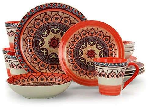 Elama Zen Mozaik Service de table Motif Mandala Bleu, Céramique, Orange, 16 pièces