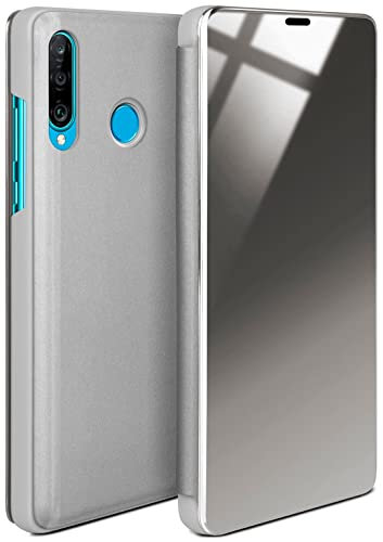 moex Void Case für Huawei P30 Lite/P30 Lite New Hülle in Hochglanz Optik, Clear View Cover Spiegelhülle, Flip Case 360 Grad Schutzhülle mit Spiegel, Rundumschutz Handyhülle, Silber