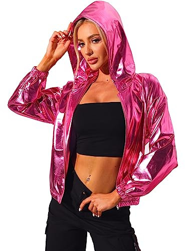 Allegra K Damen Bluson Langarm Metallic Jacke Holographic Party Reißverschluss Kapuzenjacke Pink XL