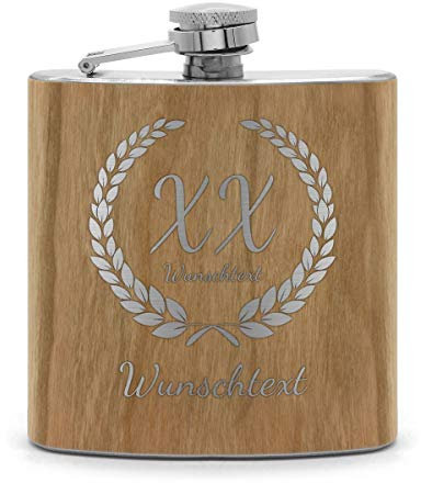 printplanet® - Holz Flachmann mit Name oder Text graviert - Schnaps-Flasche mit Namensgravur selbst gestalten - Motiv: Kranz