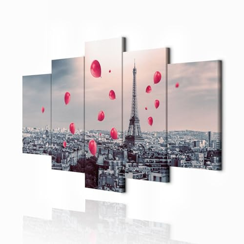 decomonkey Bilder Paris 200x100 cm 5 Teilig Leinwandbilder Wandbild Stadt | Strukturleinwand, Holzkeilrahmen, Bild auf Leinwand, Kunstdruck, Wanddeko, Wohnzimmer, Wanddekoration, Eiffelturm