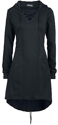 Gothicana by EMP Damen schwarzes mittellanges Pullover-Kleid mit Kapuze und dekorativer Zierschnürung
