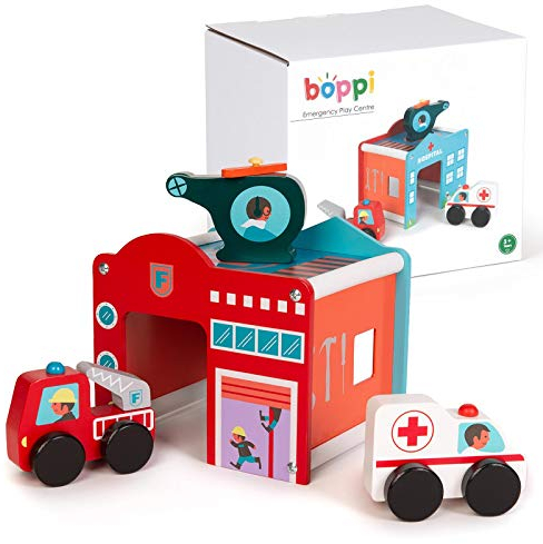 boppi Set da gioco in legno per centri di salvataggio di emergenza, giocattoli con ambulanza e camion dei pompieri ed elicotteri | Gioca veicoli accessori per bambini dai 3 anni in su