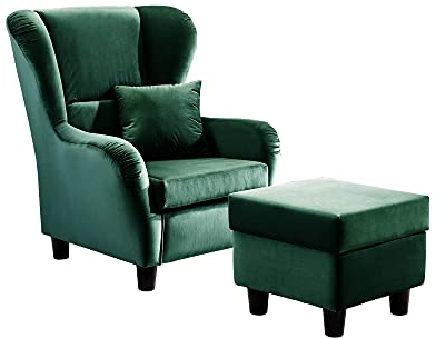 lifestyle4living - Moderner Ohrensessel mit Hocker – Große Auswahl an Stoffen und Farben - Gemütlicher Designer-Sessel im eleganten Landhaus-Stil, Smaragdgrün, Samt