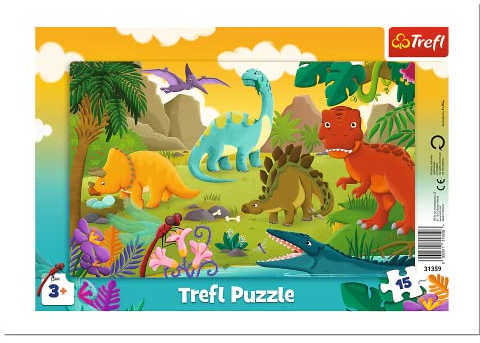Trefl, Puzzle, Rahmenpuzzle mit Unterlage, 15 Teile, Dinosaurier, für Kinder ab 3 Jahren, Glückliches Kätzchen Kicia Kocia