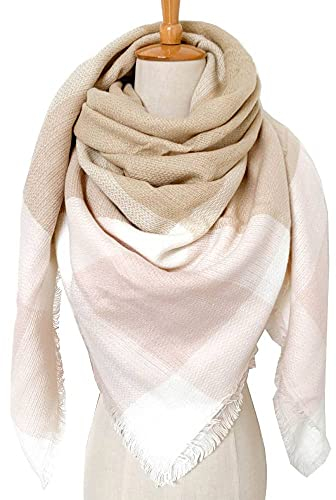RFEGEF Damen Winter Schal,Damenschals Und Tücher Fashion Reversible Beige Rosa Nähte Gitterquaste Quadratisch Weich Winterschals Große Warme Dicke Lässige Wickeldecke Wendeschal