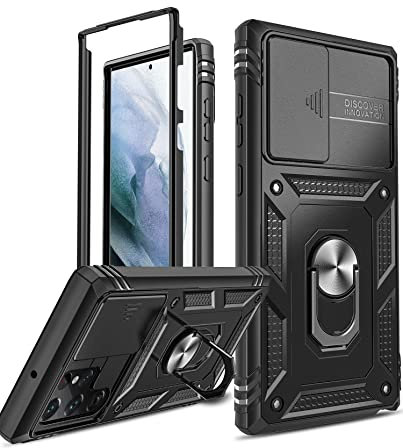 LeYi Hülle für Samsung Galaxy S22 Ultra 5G(Nicht S22 5G) Kameraschutz Handyhülle(Nein Schutzfolie), Hybrid Kameraklappe Schutzhülle Outdoor Cover Case Metall Ring Halter Handy Hüllen Jungen Schwarz