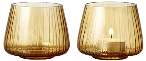 BITZ Kusintha Teelichthalter aus Glas, Teelichtgläser, Glas Deko, Tischdeko, Set aus 2 Stück, Höhe 7,5 cm, Amber