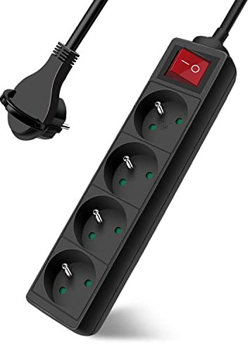 Extrastar Multiprise 4 Prises avec Interrupteur Fiche Plate, Bloc 4 Prises, Rallonge 3m 230 V avec sécurité Enfant, Noir