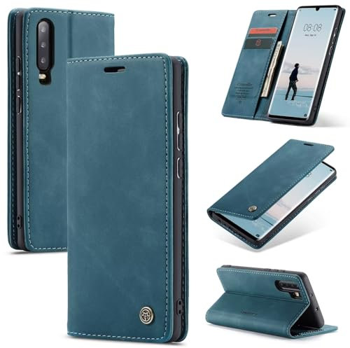 SLWYF Cover Compatible con Huawei P30 Pro, Retro Flip Caso in PU Pelle Premium Portafoglio Custodia Resistente Protezione Chiusura Magnetica Case per Huawei P30 Pro -Blu verde