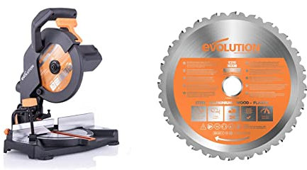 Evolution Power Tools - Scie à Onglet Mixte Multi-Matériaux R210CMS, 210 mm (230 V) & Lame Polyvalente en Carbure de Tungstène Rage, 210 mm Orange