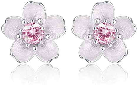 KRFY Ohrstecker S925 Sterling Silber Kirschblüten Blume Weiß Rosa CZ Knorpel Hypoallergen Ohrstecker Für Damen Mädchen Kinder