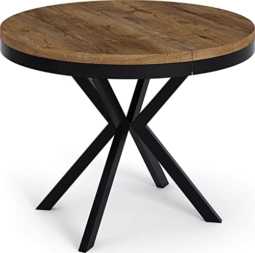 WFL GROUP Runder Ausziehbarer Esstisch - Loft Style Tisch mit Metallbeinen - 100 bis 180 cm - Industrieller Tisch für Wohnzimmer - Kompakt - 100 cm - Lefkas Eiche
