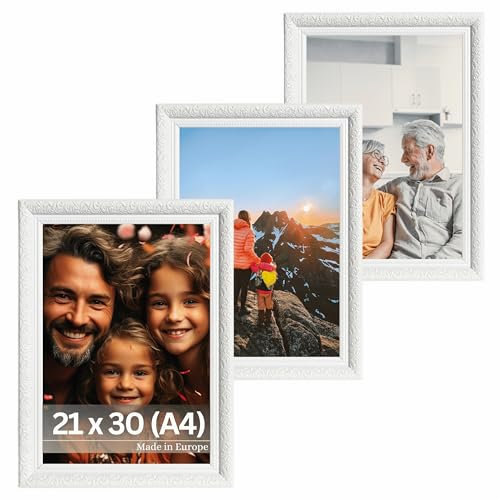 VictoR Vintage Bilderrahmen „Rubens“ 3er Set in 21x30 cm (A4) Weiß - Leiste: 30x20mm - Echtglas - Fotorahmen Barock - Antik - Bilderrahmen 20x30 Vintage - Fotorahmen A4 Weiß