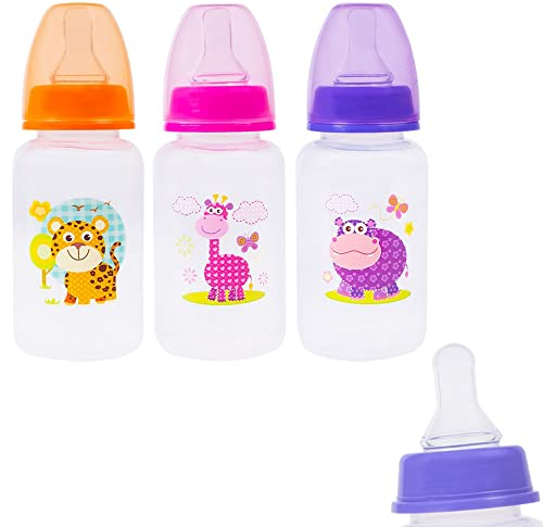 3 Pack Baby Milk and Water Bottles, Easy Grip and Soft Silicone Medium Flow Teats 150ml 5.2oz, Easy to Read Measurements, Ideal for Home Nursery or School, 0+ Months