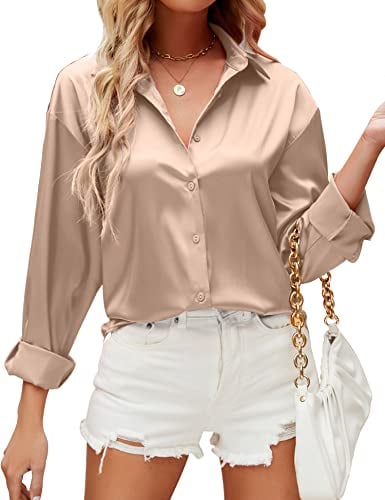 HANERDUN Damen Bluse Langarmshirt V-Ausschnitt Hemd Die Seide Elegant Lässige Oberteile Knopfleiste Arbeit Einfarbig Hemdbluse(Champagne_L)