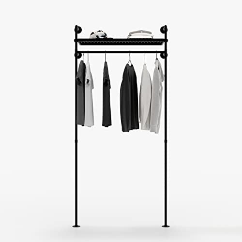 pamo Kleiderstange Industrial Design mit Metallboden – HEDDA - Regal für | begehbaren Kleiderschrank Wand I Kleiderständer aus schwarzen stabilen Rohren zur Wandmontage aus Wasserrohren