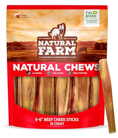 Natural Farm Bully Cheek Stick, 5-6-Inch (25-Pack)- Best Bully Stick Alternative, 100% Natural Beef Cheeks for Dogs- High Protein, Cleans Teeth Treats, Long Lasting Beef Chews for All Dog Sizes