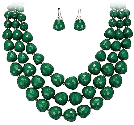 EVER FAITH Böhmische Mehrschichtige Halskette Ohrringe Set, Grün Statement Beaded Chunky Kragen Bib Schmuck-Set für Damen