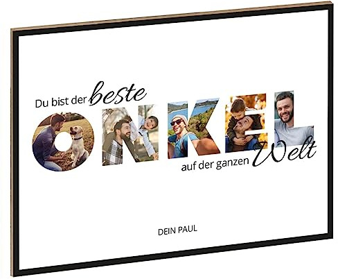 GRAVURZEILE Holzschild mit Foto - Familie Design - Personalisiert mit Namen und eigenen Fotos - Personalisiertes Foto Geschenk zum selbst gestalten für Sie & Ihn - DIN A4 Format - Farbe: Onkel