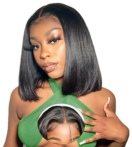 Perruque Femme Naturelle Brésilien Pre Cut Lace Wear And Go Glueless Wig Human Hair, Perruque Cheveux Humain Sans Colle 180% Densité 4x4 Straight Bob Lace Wig Human Hair For Black Women 12 Pouces