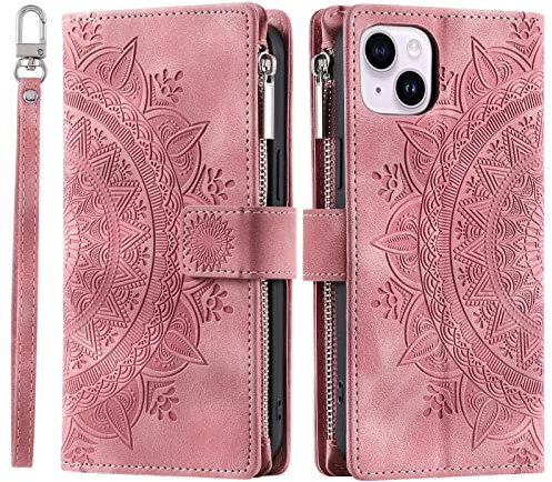VEEMOS Wallet Case for iPhone 13 Mini Flower Flip Case Protective Leather Folio Book Phone Cover with Card Slots Kickstand Zipper Pocket - Pink