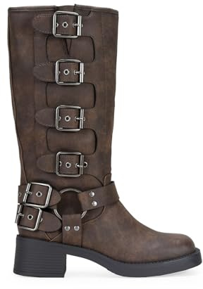 BOSANOVA Stivali Alti Stile Biker realizzati con dettaglio ad anello metallico e fibbie decorative sulla canna e suola piatta con tacco leggero da 4,7 cm senza chiusura. Scarpe da donna, marrone, 37