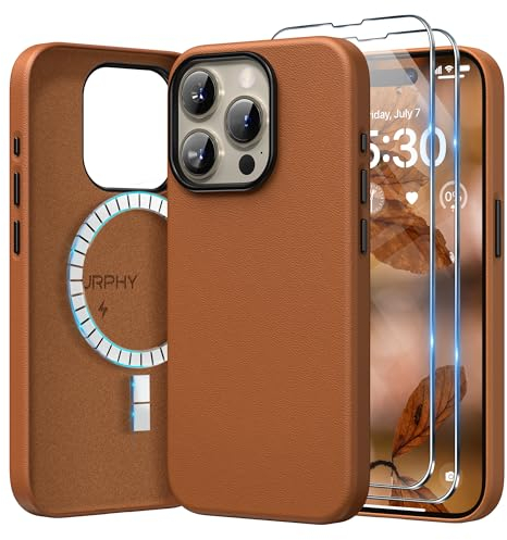 SURPHY für iPhone 15 pro Leder Hülle 6,1 für MagSafe mit Displayschutzfolie, Kunstleder Handyhülle iPhone 15 pro Case, iPhone 15 pro Schutzhülle (mit Mikrofaserfutter), Gelbbraun