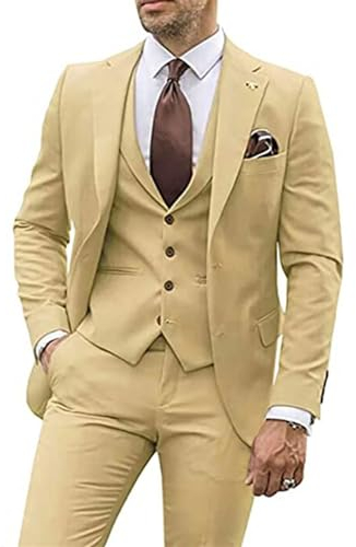 Costume 3 pièces pour homme - Coupe ajustée - Blazers d'affaires à revers - Veste à double boutonnage, champagne, Large