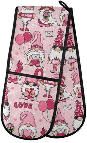 Doppelte Ofenhandschuhe, Gartenzwerge, Herz, hitzebeständig, Topflappen, Ofenhandschuh, Handschuhe für Grillen, Kochen, Backen, Grillen, Mikrowelle